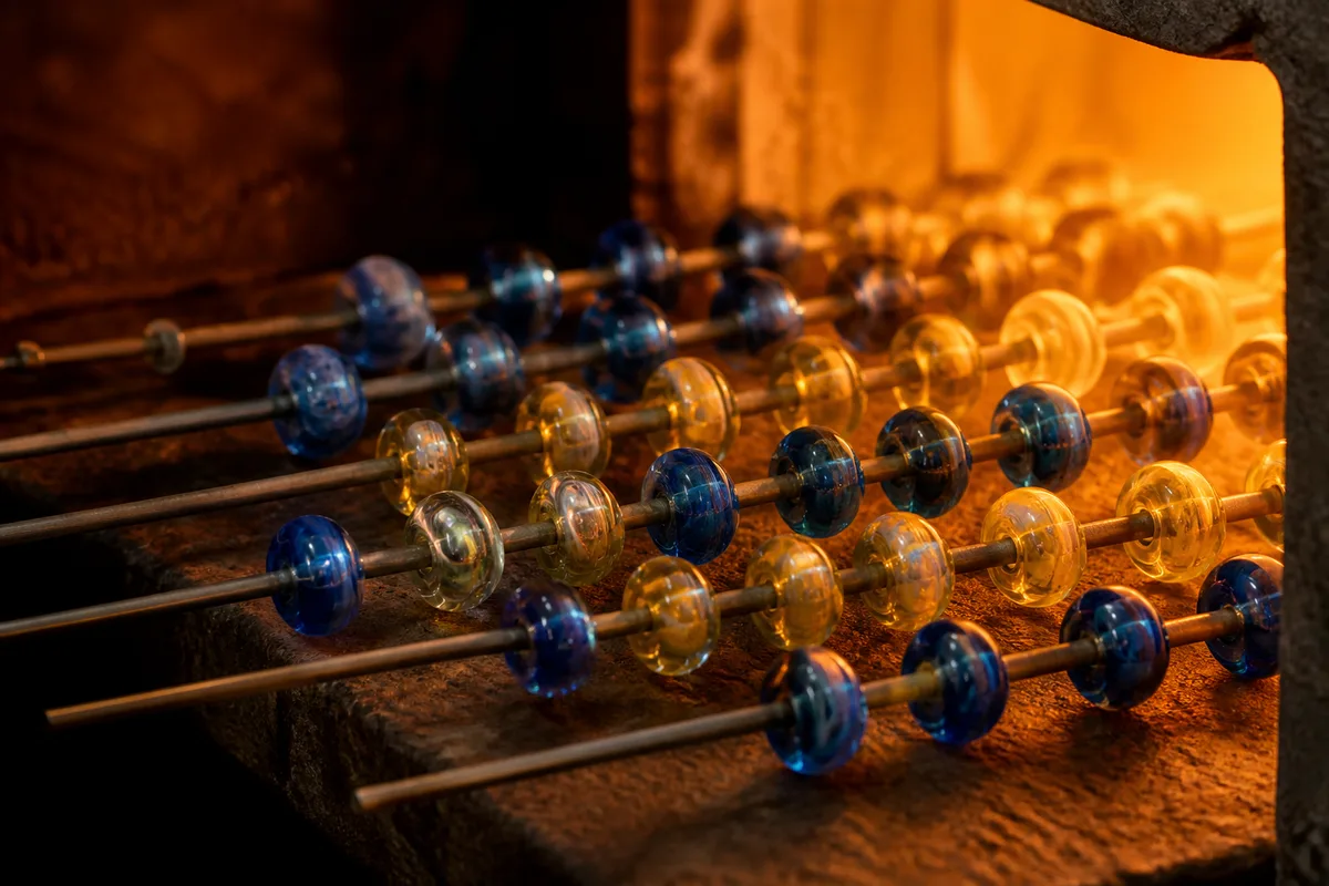Perles de verre colorées enfilées sur des mandrins dans un four de recuit d’atelier