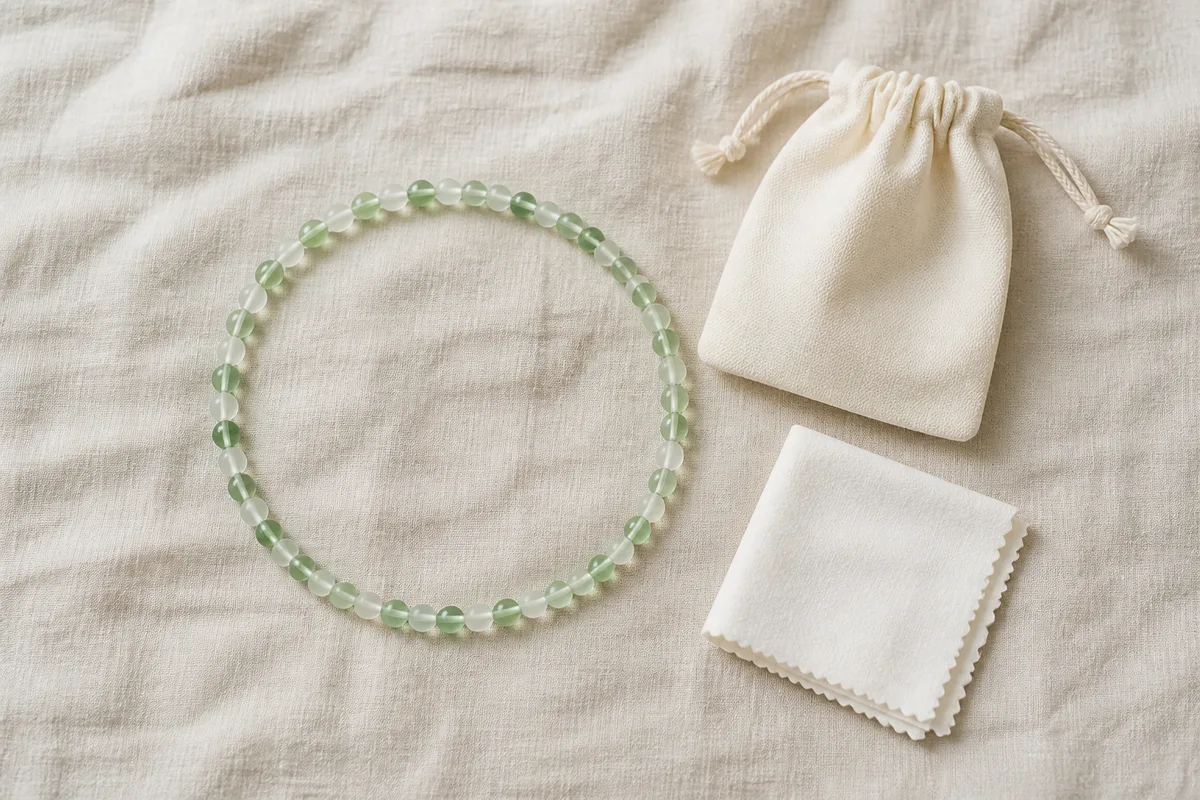 Collier de perles de verre translucides rangé à plat sur un linge de lin écru