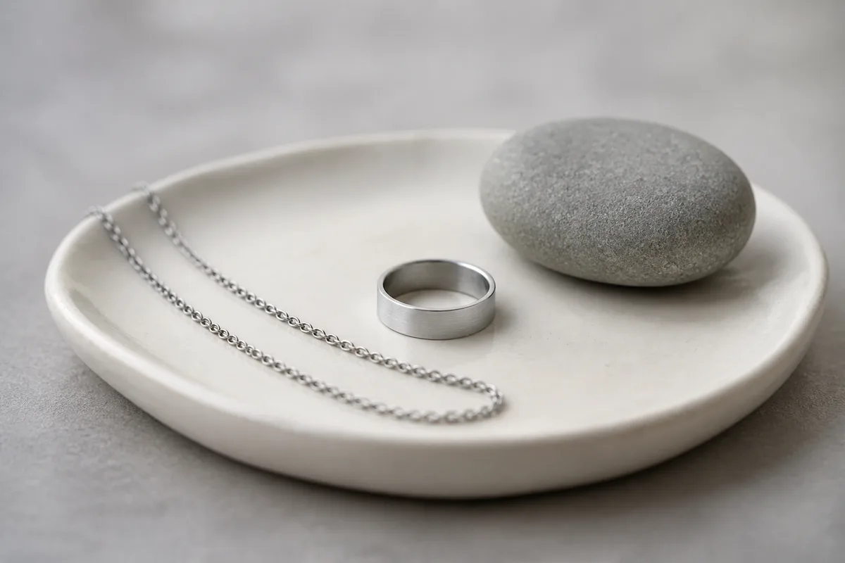 Chaîne et bague en acier inoxydable posées sur un plateau de céramique claire