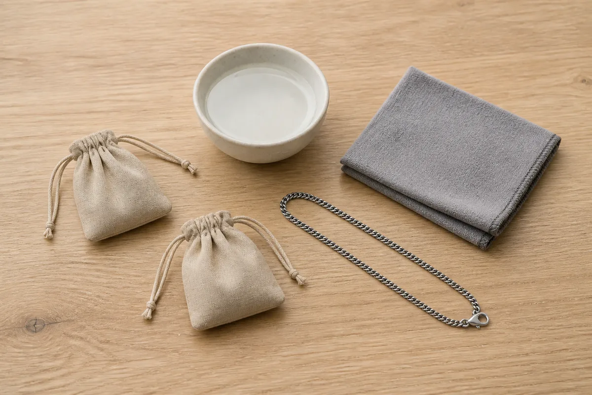 Nécessaire d’entretien de bijoux : chiffon microfibre, bol d’eau tiède et pochons de rangement sur une table en bois clair