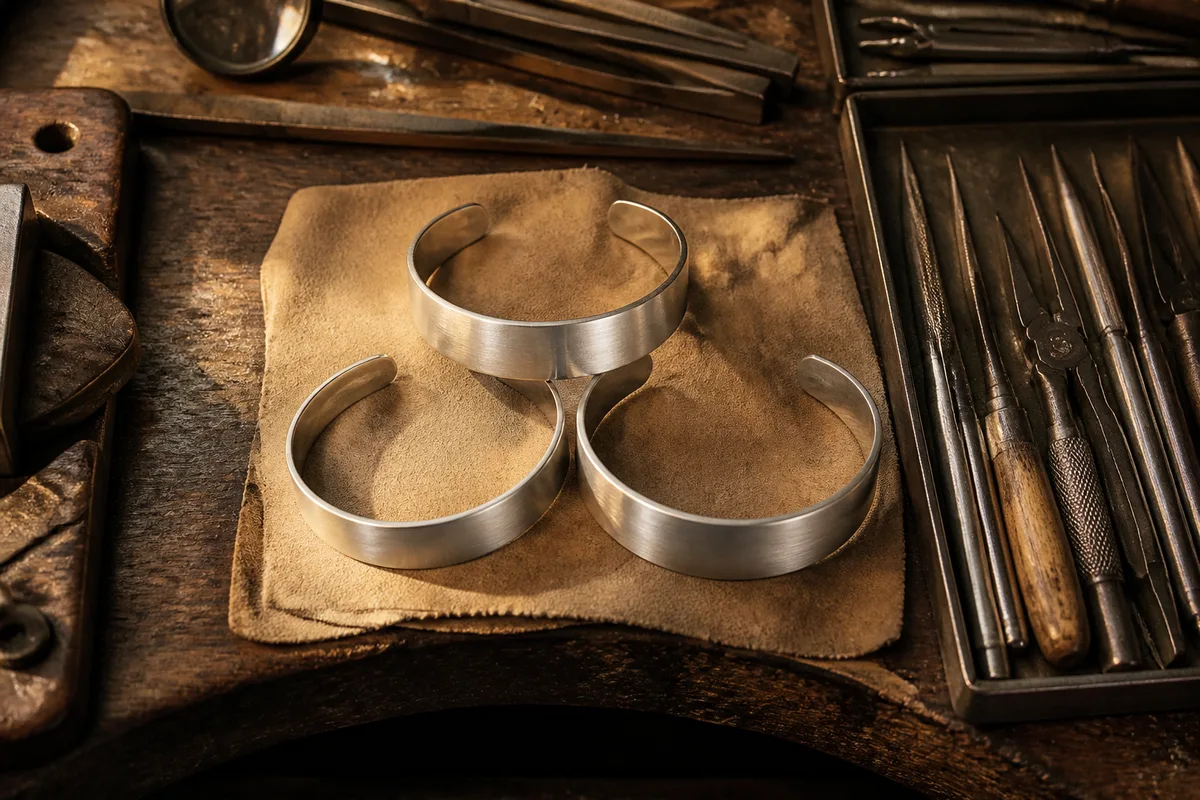 Établi de bijoutier vu de haut, pinces et limes rangées près de trois bracelets en argent brossé, lumière rasante de fin de journée
