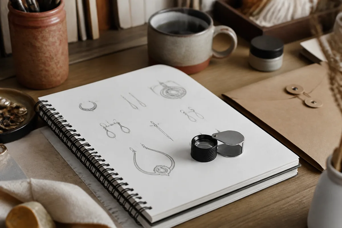 Coin de bureau d’atelier, cahier ouvert couvert de notes manuscrites et de croquis de boucles d’oreilles, tasse et loupe de bijoutier, lumière naturelle douce
