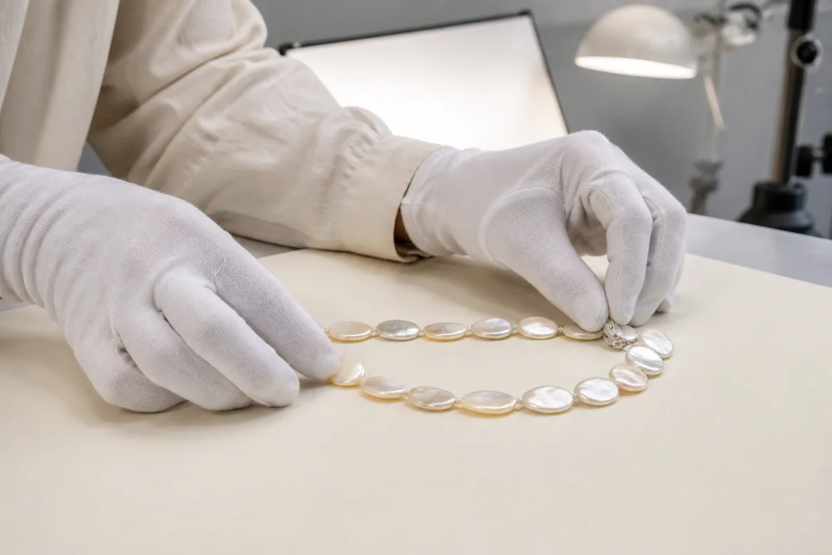 Mains gantées disposant un collier de nacre sur un fond de papier écru pour une prise de vue, réflecteur blanc et lampe d’appoint en arrière-plan