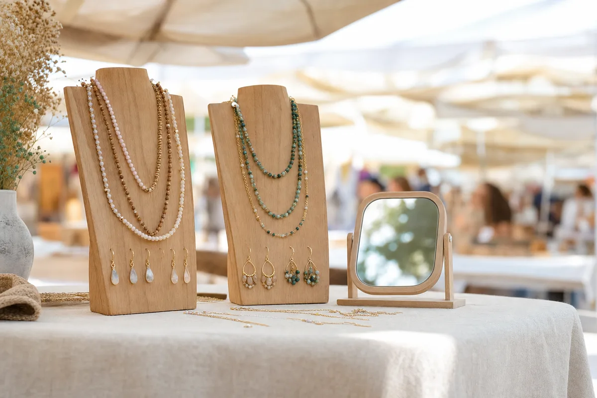 Stand de marché de créateurs avec présentoirs de colliers, silhouettes floues en arrière-plan